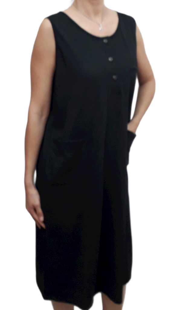 Φόρεμα μακό χωρίς μανίκι, με πατιλέτα και τρία κουμπιά και κέντημα στο στήθος μαύρο