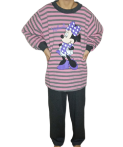 Παιδική πιτζάμα κοριτσιών, ριγέ γκρι με ροζ μπλούζα με τύπωμα μίνι το ποντίκι και γκρι παντελόνι