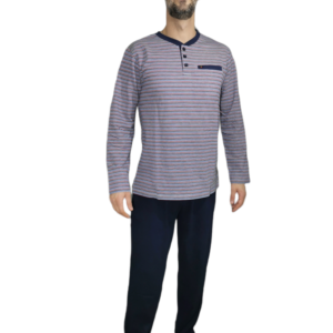 Πιτζάμα ανδρική 100% βαμβάκι φούτερ. η μπλούζα με λαιμόκοψη και 3 κουμπιά, σε ψιλή ρίγα (μπορντό μπλε και ραφ) και μπλε παντελόνι