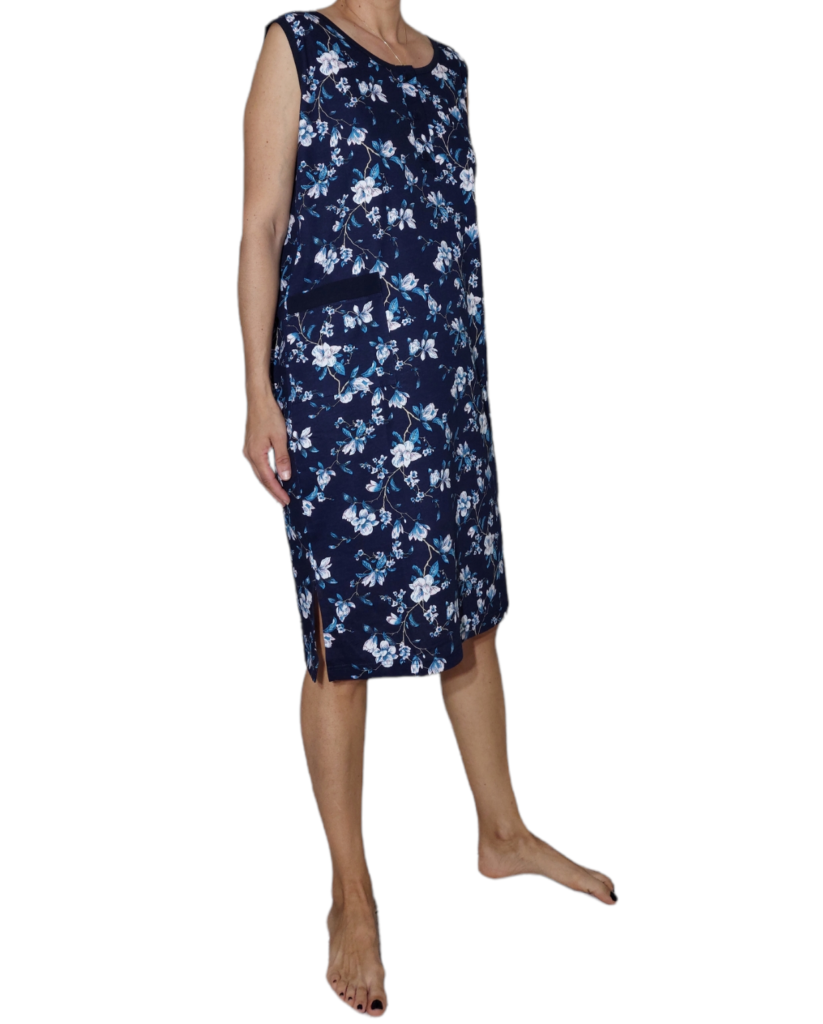 Φόρεμα χωρίς μανίκι μακό με πατιλέτα και τρία κουμπιά τσέπη εμπριμέ, μπλε κάμπος με λευκά και ραφ λουλουδάκια